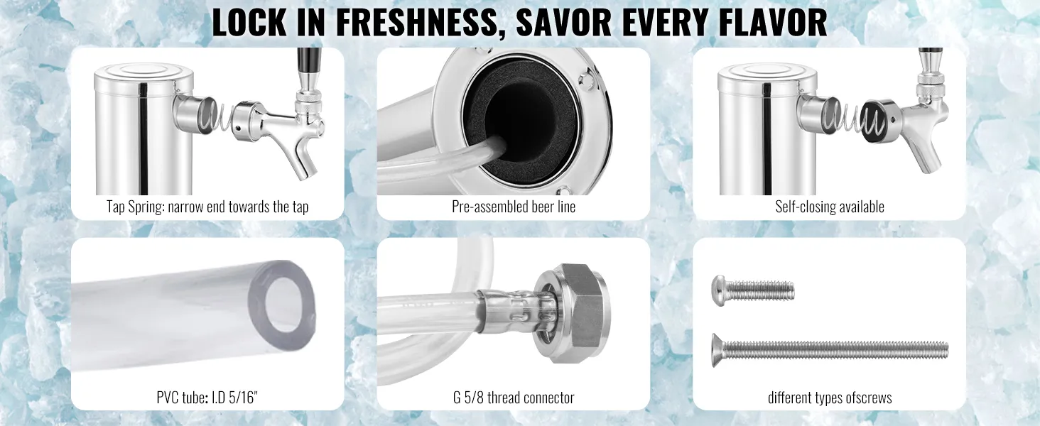 VEVOR beer tower components: tap spring, pre-assembled beer line, pvc tube, g 5/8 thread connector, screws.