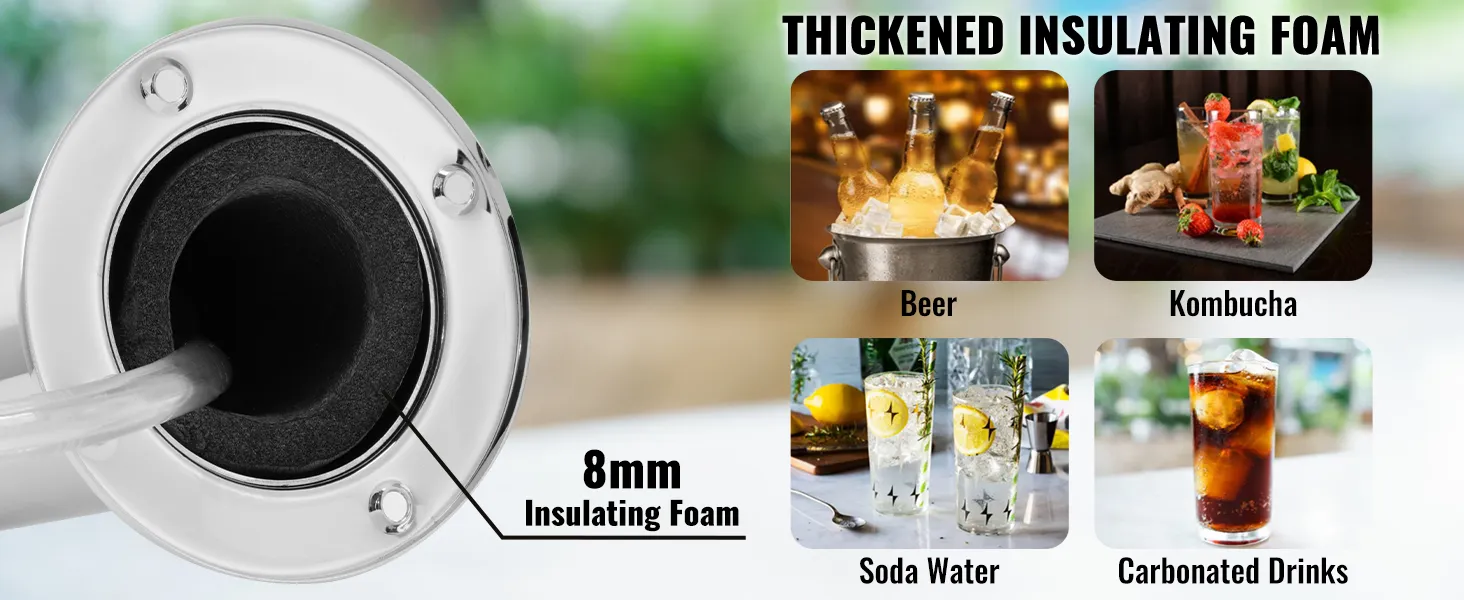 8mm insulating foam in VEVOR beer tower, suitable for beer, kombucha, soda water, and carbonated drinks.