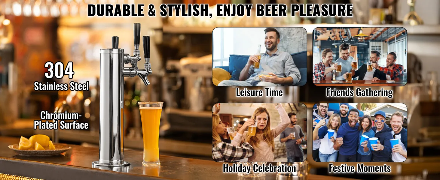 VEVOR beer tower, stainless steel with chromium-plated surface, ideal for gatherings and celebrations.