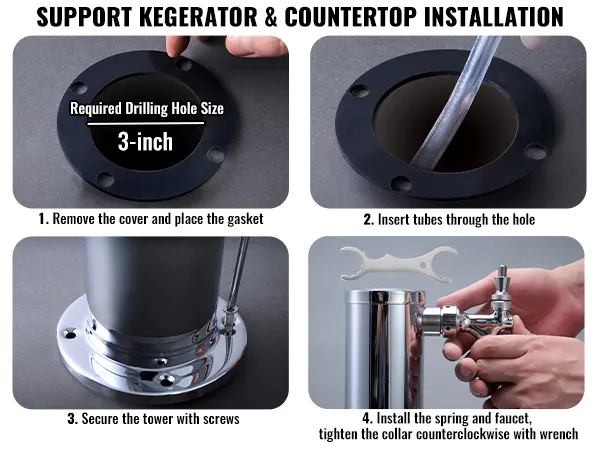 instructions for installing a VEVOR beer tower on a kegerator and countertop, including pouring beer.