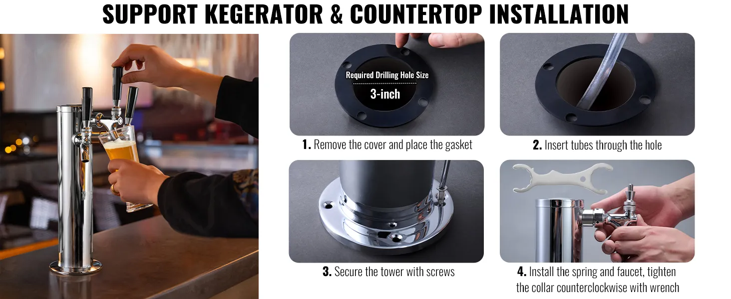 instructions for installing a VEVOR beer tower on a kegerator and countertop, including pouring beer.