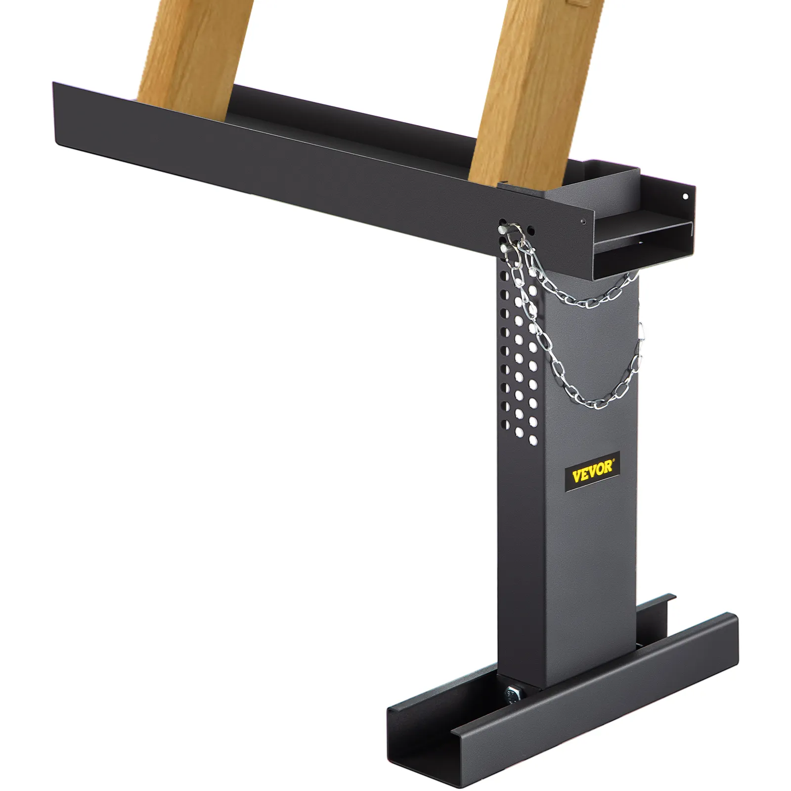 VEVOR ladder extender in black with wooden ladder supported by adjustable frame.