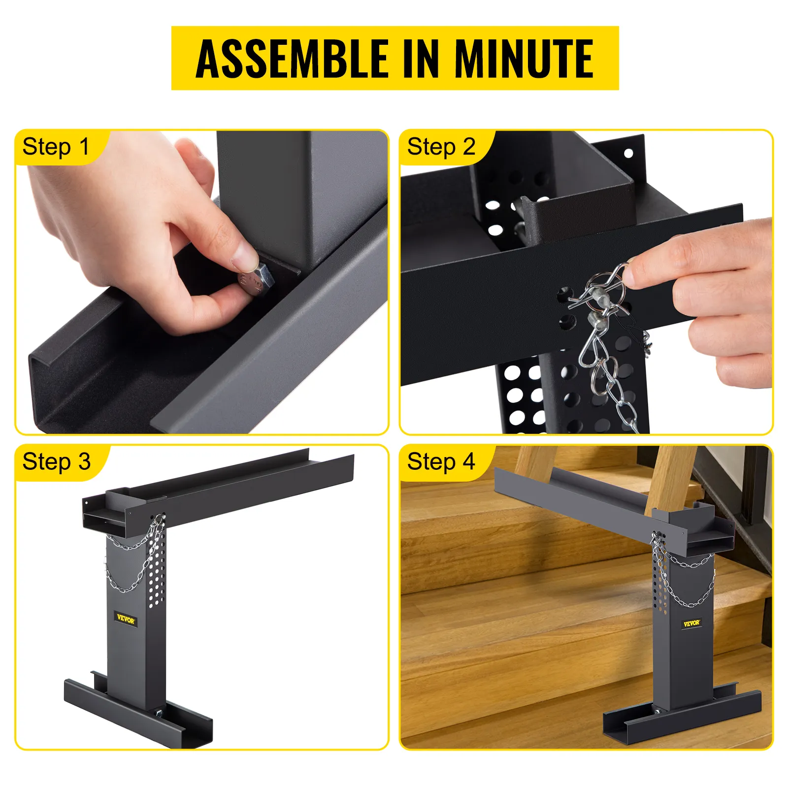 VEVOR ladder extender assembly steps illustrated in four images, showing easy installation.