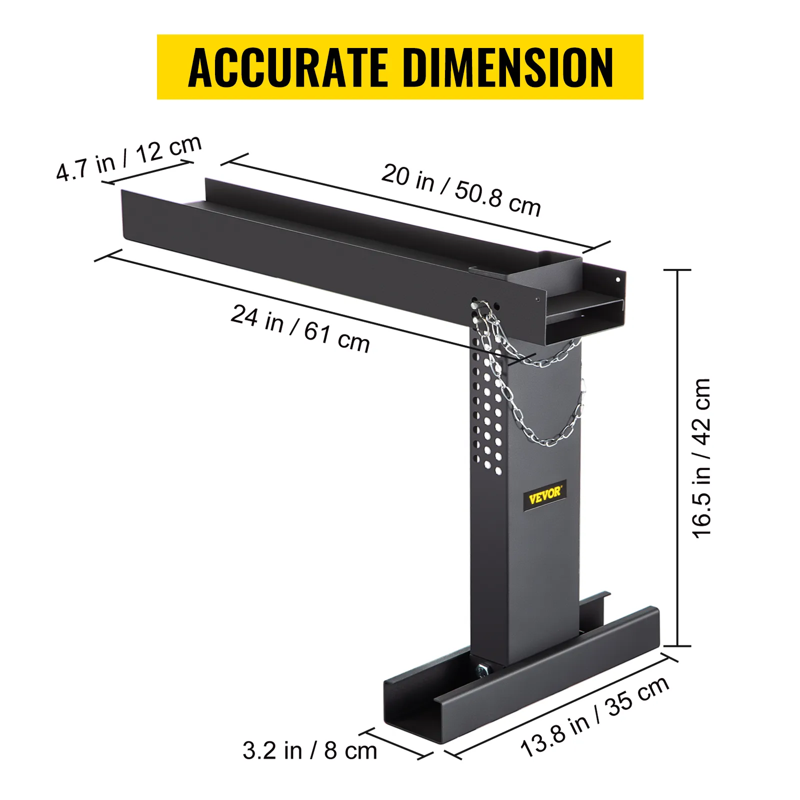 VEVOR ladder extender with accurate dimensions labeled in inches and centimeters.