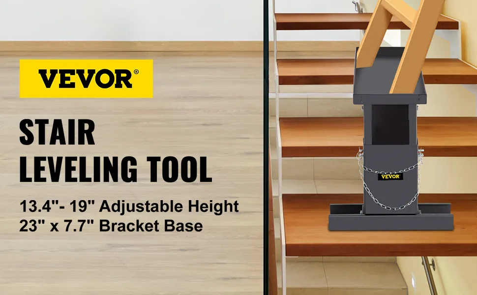 VEVOR ladder extender on stairs with adjustable height and bracket base dimensions.