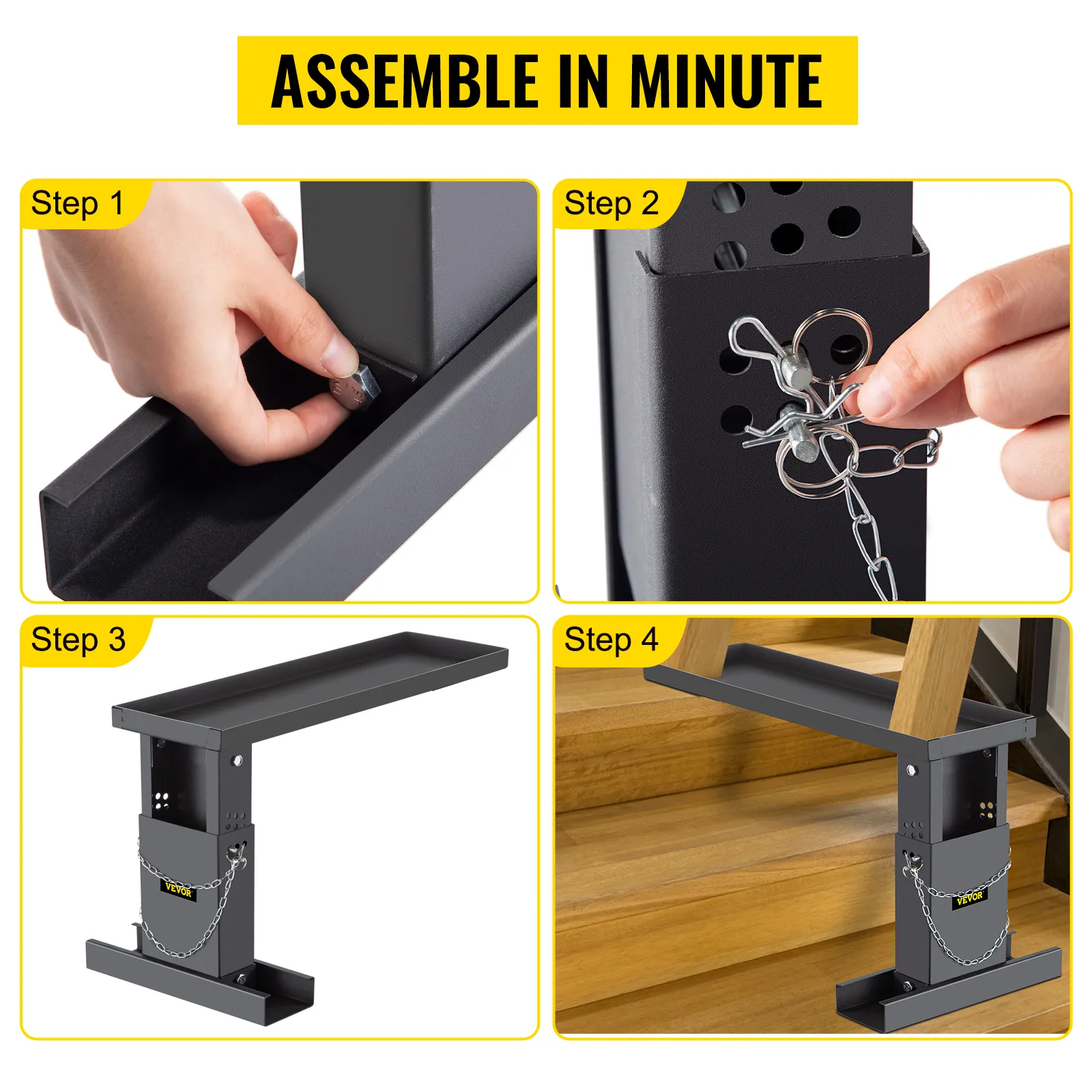 VEVOR ladder extender assembly steps: secure base, lock pins, attach extender, position ladder.