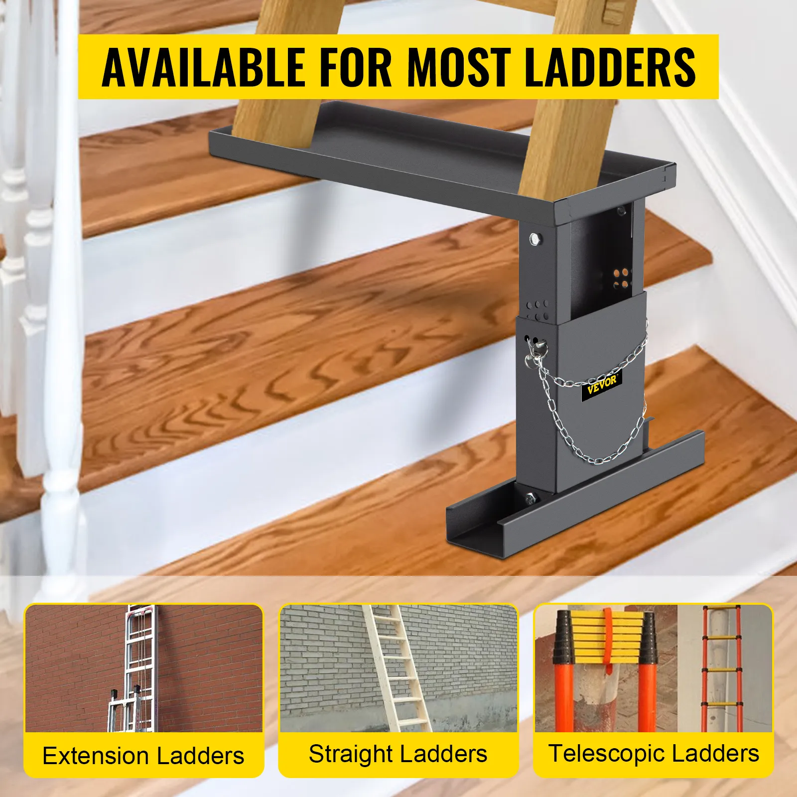 VEVOR ladder extender for secure placement on stairs, suitable for various ladder types.