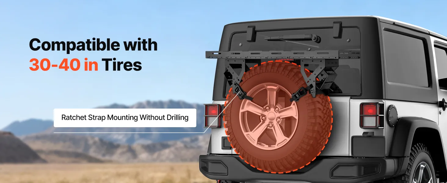 VEVOR Spare Tire Cargo Basket, for 30-40 Inch Tires, Fit for 1976-2024 Jeep Wrangler JK JL TJ YJ CJ, 80 lbs Load Capacity, Utility Cargo Basket Rack Storage Tray Replacement, No-Drill Installation