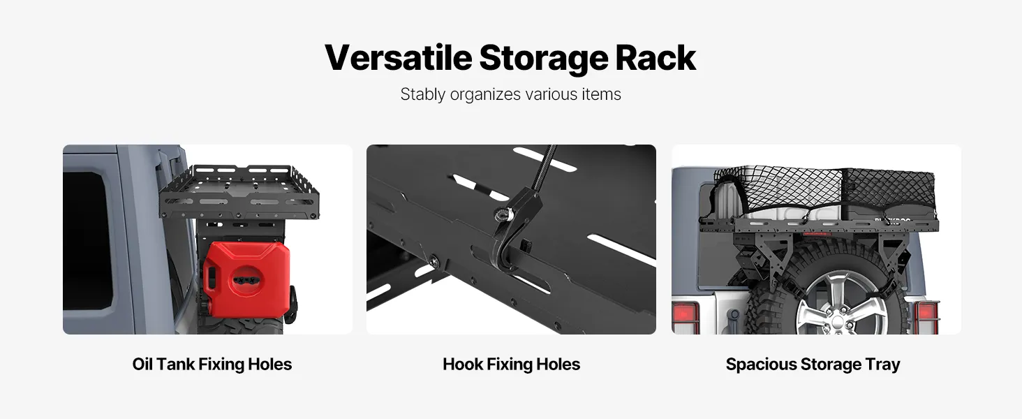 VEVOR Spare Tire Cargo Basket, for 30-40 Inch Tires, Fit for 1976-2024 Jeep Wrangler JK JL TJ YJ CJ, 80 lbs Load Capacity, Utility Cargo Basket Rack Storage Tray Replacement, No-Drill Installation