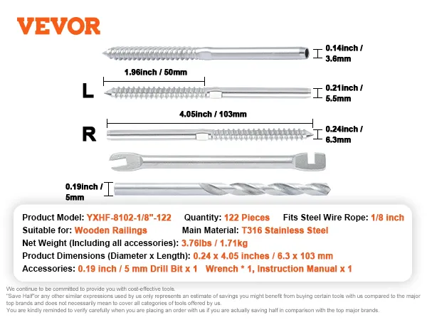 VEVOR cable railing tensioner set showing hardware dimensions, included accessories, and key specs.