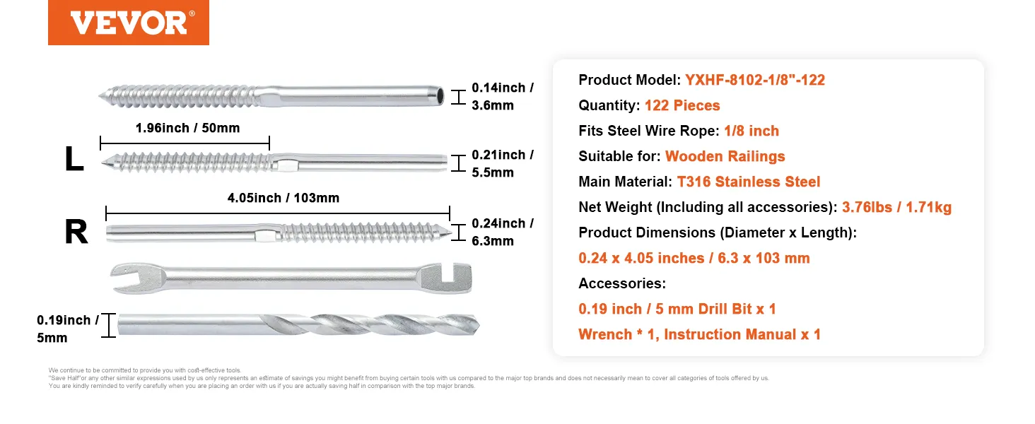 VEVOR cable railing tensioner set showing hardware dimensions, included accessories, and key specs.