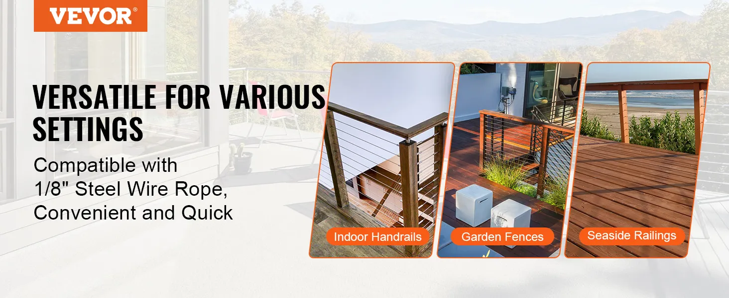 VEVOR cable railing tensioner: versatile for indoor handrails, garden fences, and seaside railings.