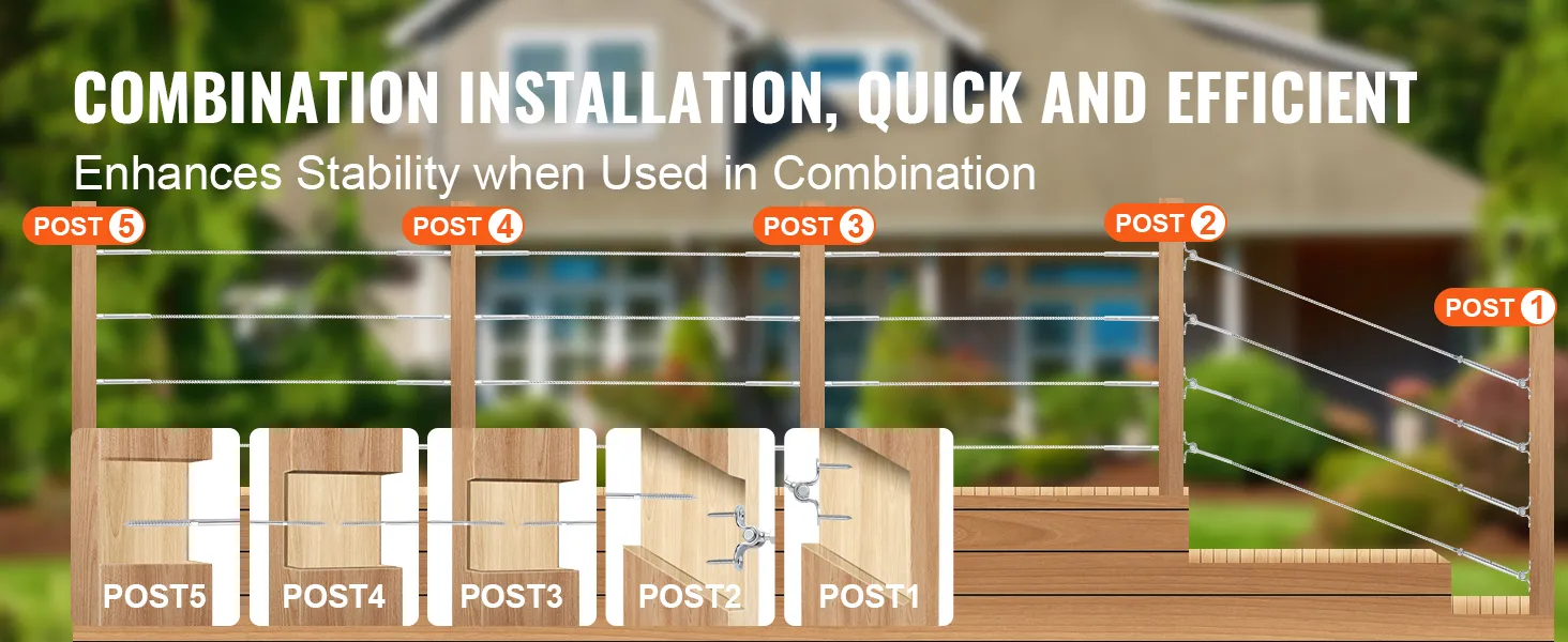 VEVOR cable railing tensioner installation steps, highlighting posts 1-5 setup for stability and efficiency.