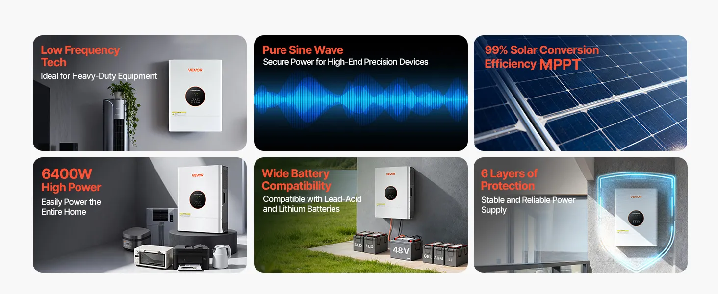 VEVOR 6000W 48V Hybrid Solar Inverter, 120V/240V Split Phase, Built-in 120A MPPT Solar Controller, Low Frequency Pure Sine Wave Power Inverter Charger, for Lead Acid Lithium Battery Off-Grid Systems