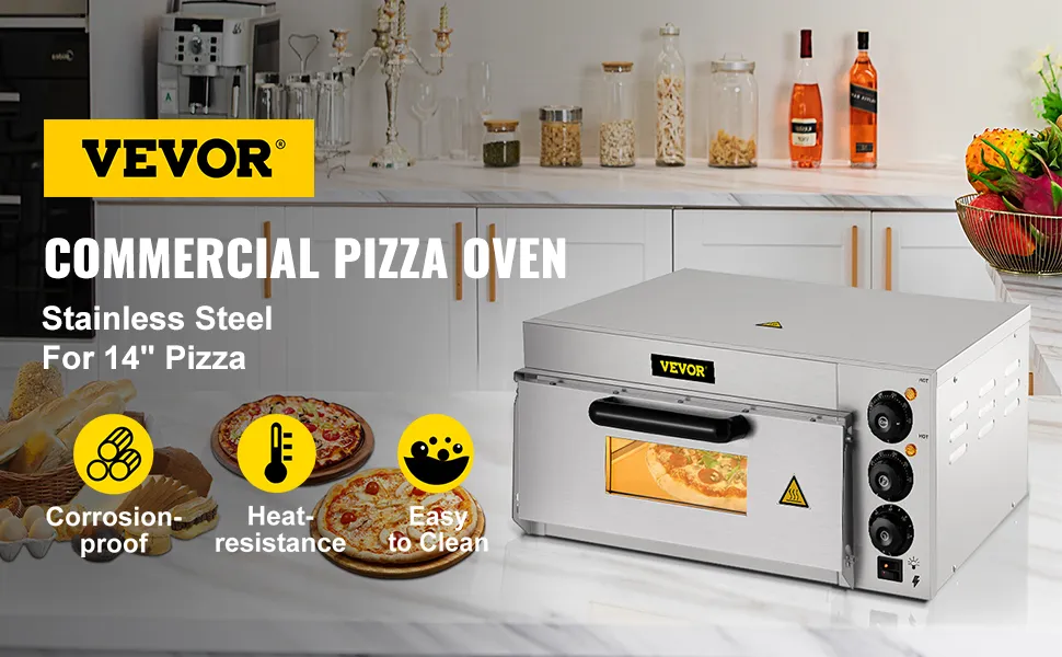 Horno de pizza comercial VEVOR en cocina con acabado en acero inoxidable y cocción de pizza.