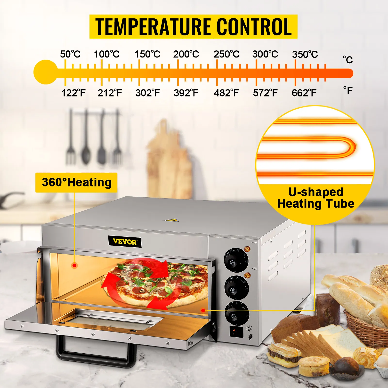 Horno de pizza comercial VEVOR con control de temperatura y calentamiento de 360° para un horneado eficiente.