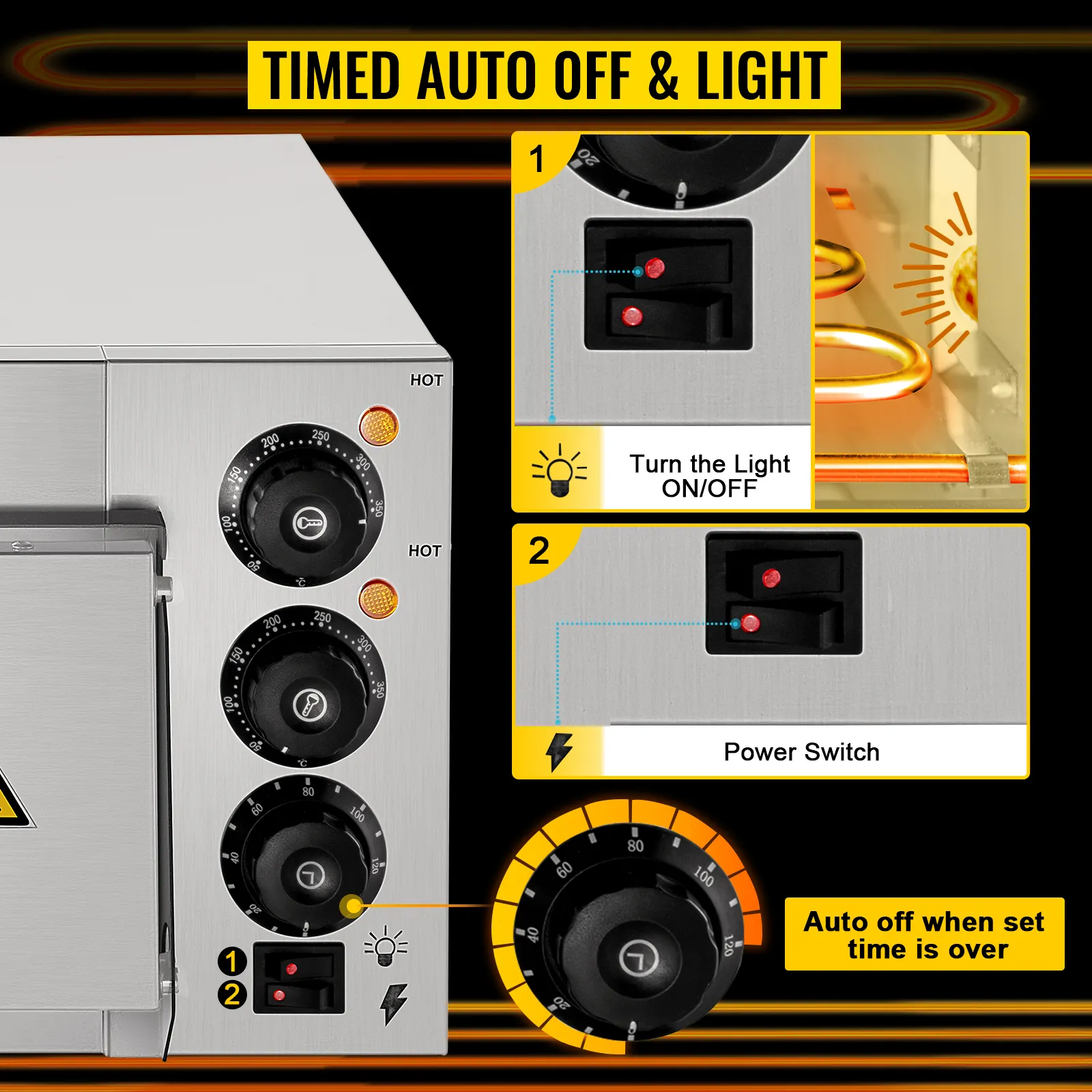 Controles de horno de pizza comercial VEVOR con funciones de apagado automático temporizado y interruptor de luz.