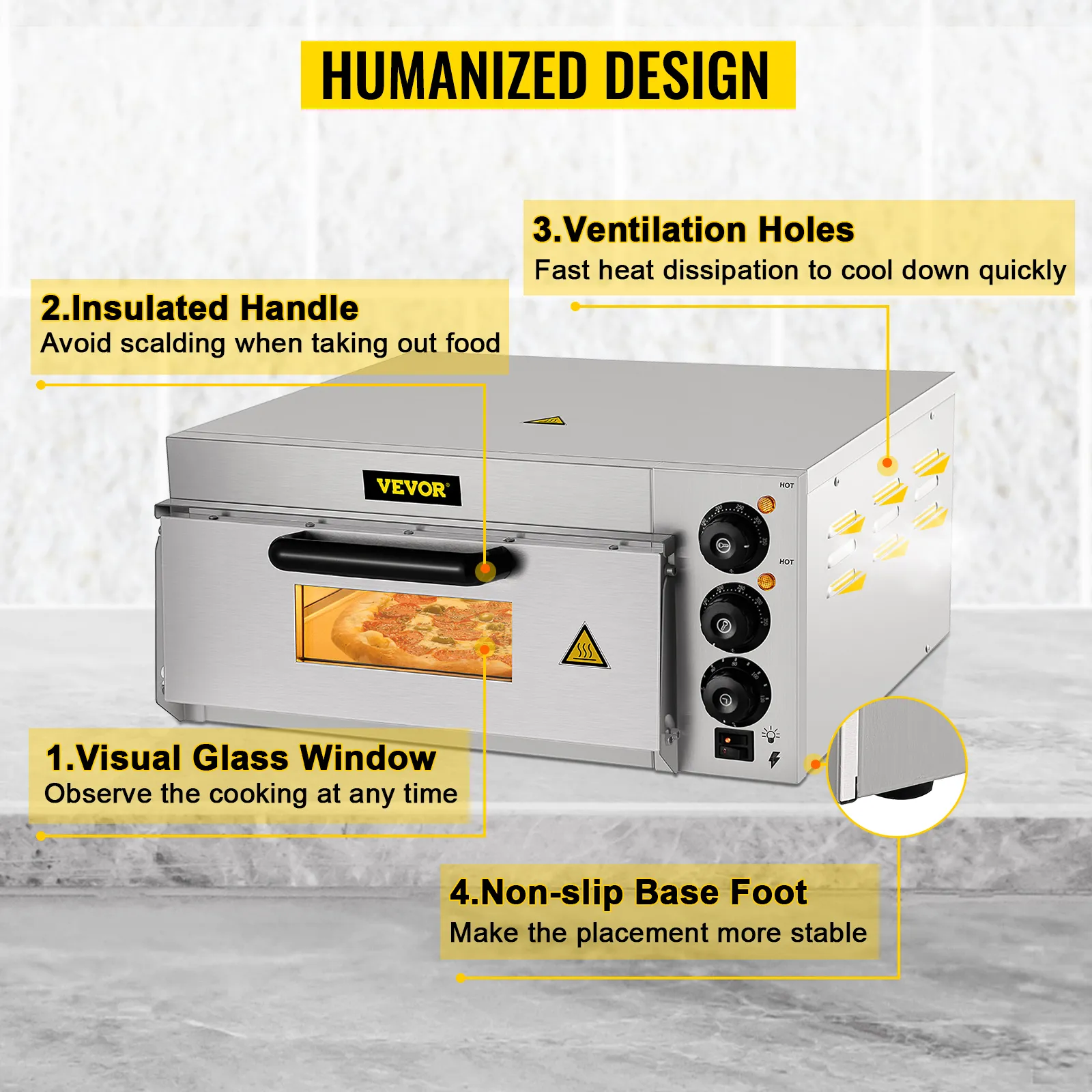 Horno de pizza comercial VEVOR con asa aislada, ventana de vidrio visual y orificios de ventilación.