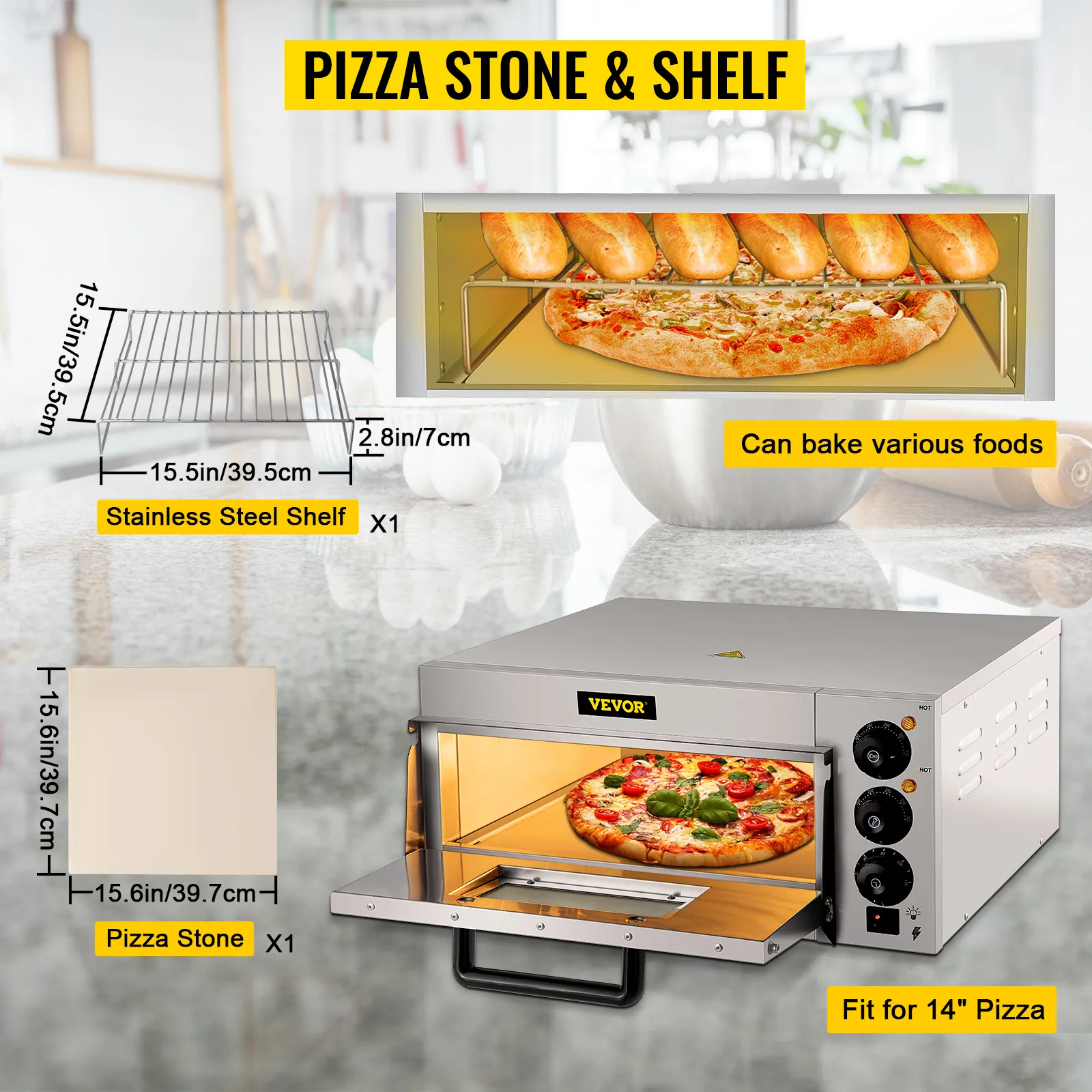 Horno de pizza comercial VEVOR con estante de acero inoxidable y piedra para hornear pizza de 14".
