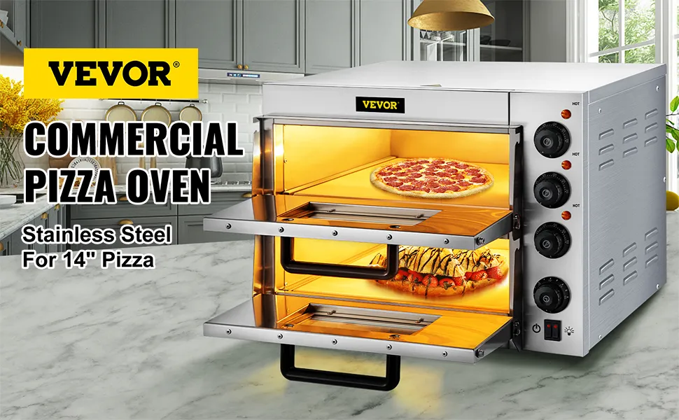 Horno de pizza comercial VEVOR en acero inoxidable con dos pizzas de 14" en rejillas dobles.