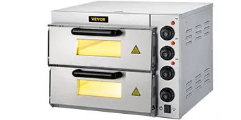 Horno de pizza comercial VEVOR con cámaras dobles y perillas de control en un cuerpo de acero inoxidable.