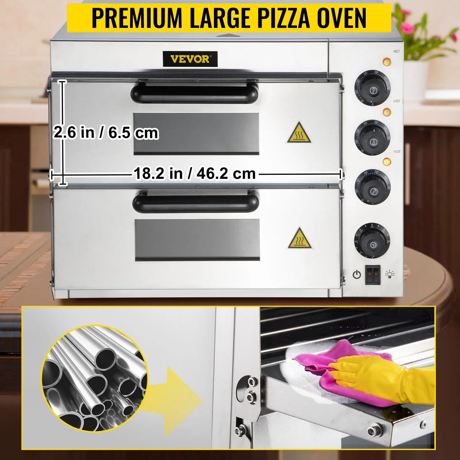 Horno de pizza comercial VEVOR con dimensiones y detalles de limpieza mostrados.