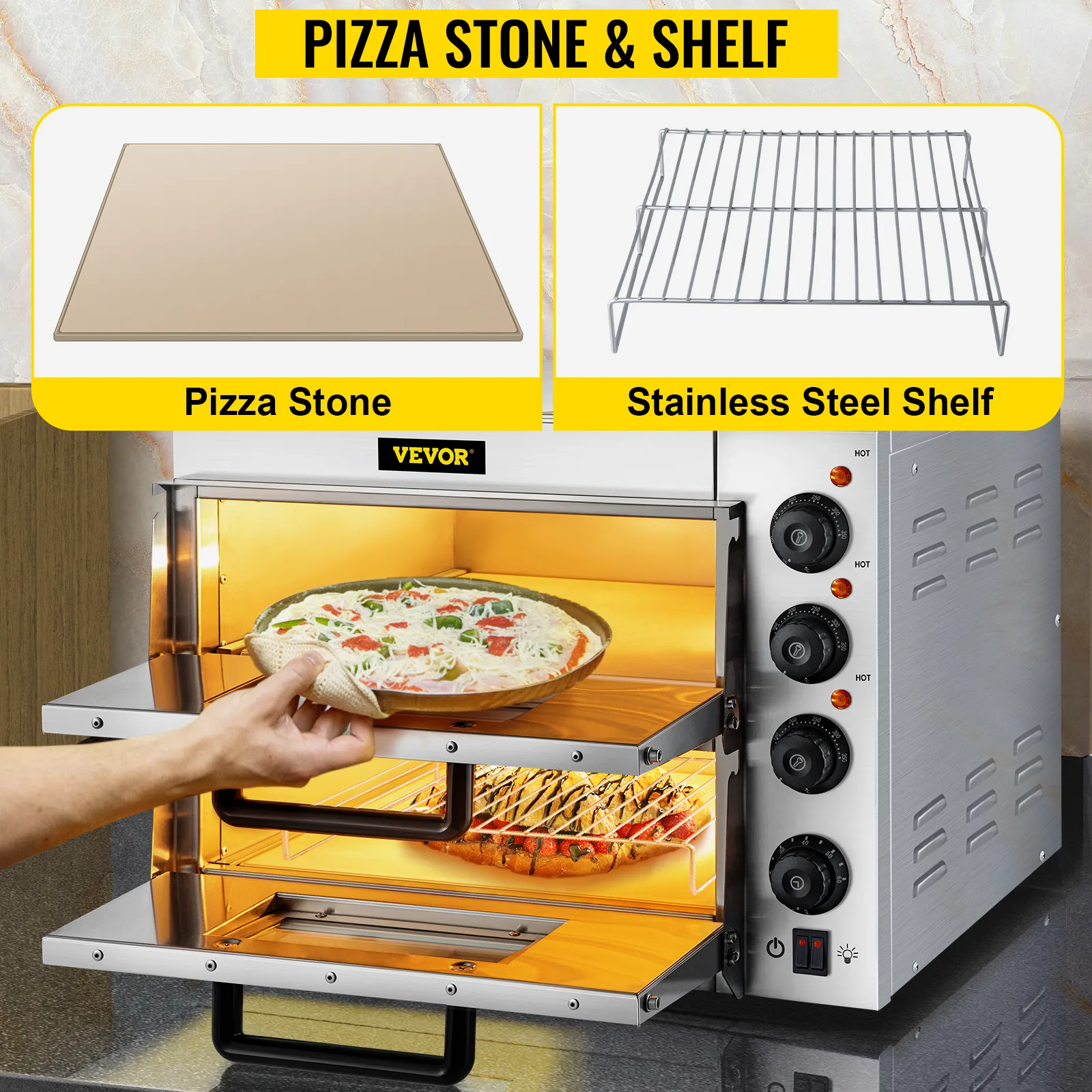 Horno de pizza comercial VEVOR con piedra para pizza y estante de acero inoxidable.