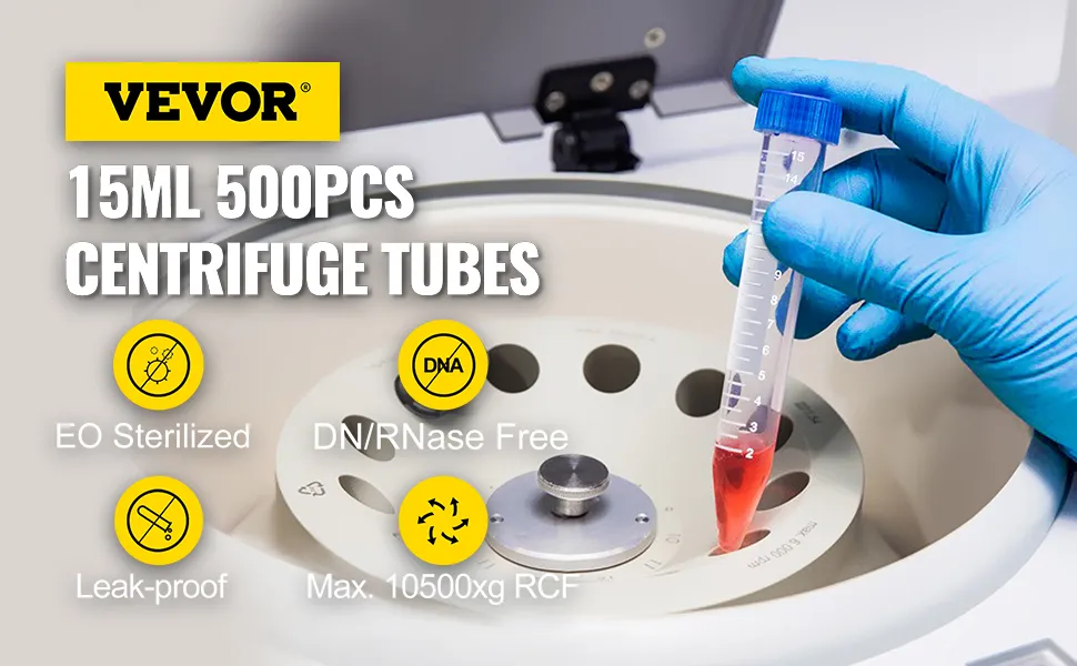 VEVOR centrifuge tubes: 15ml, leak-proof, eo sterilized, dnase/rnase free, max 10500xg rcf.