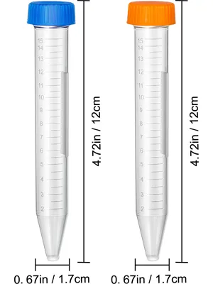 VEVOR centrifuge tubes with measurements, blue and orange caps, 12cm height, 1.7cm diameter.