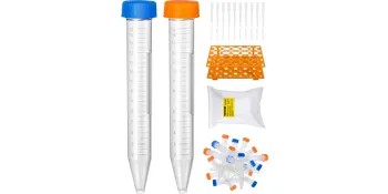 VEVOR centrifuge tubes, racks, pipettes, and storage containers in a laboratory setting.