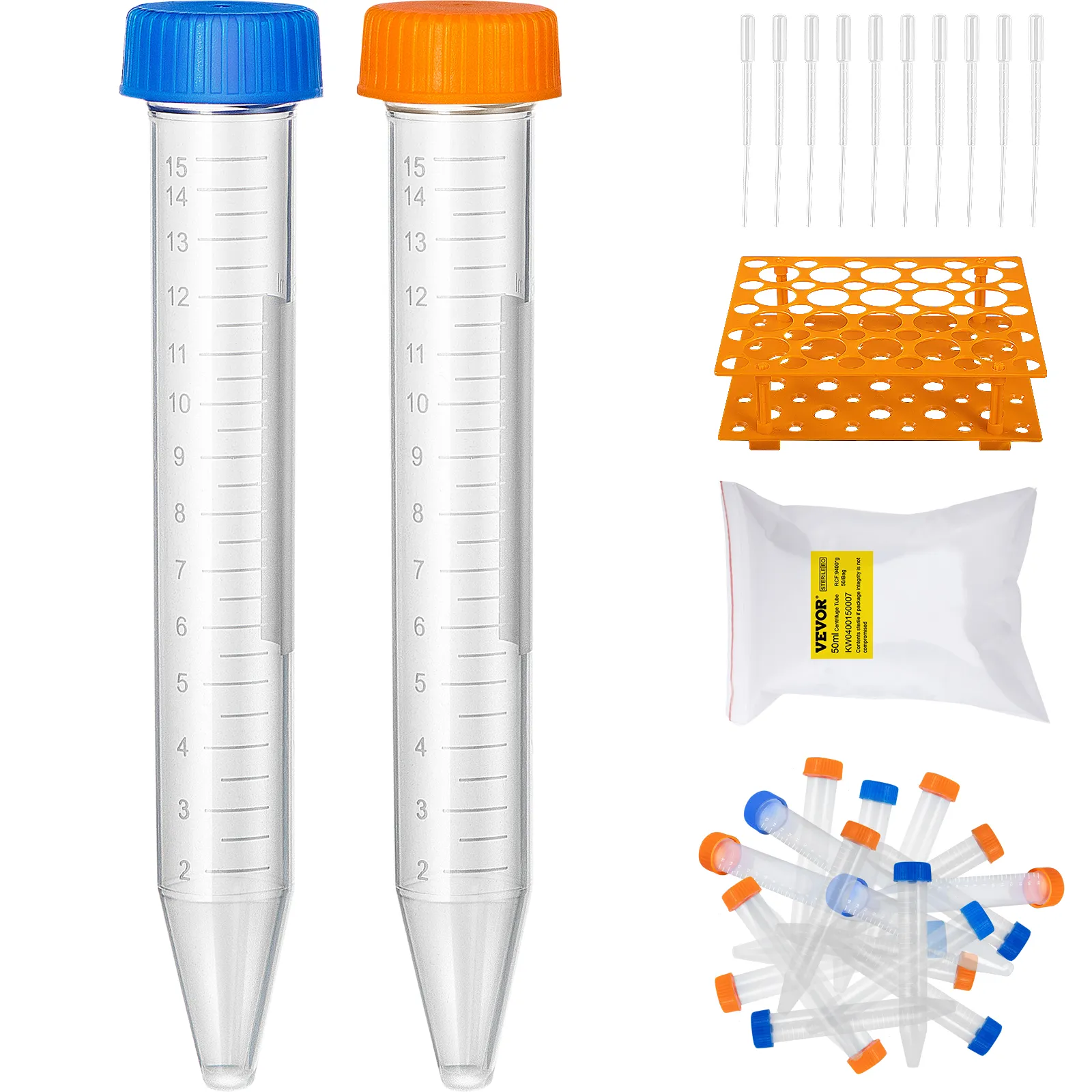 VEVOR centrifuge tubes with blue and orange caps, storage rack, pipettes, and accessory bag.
