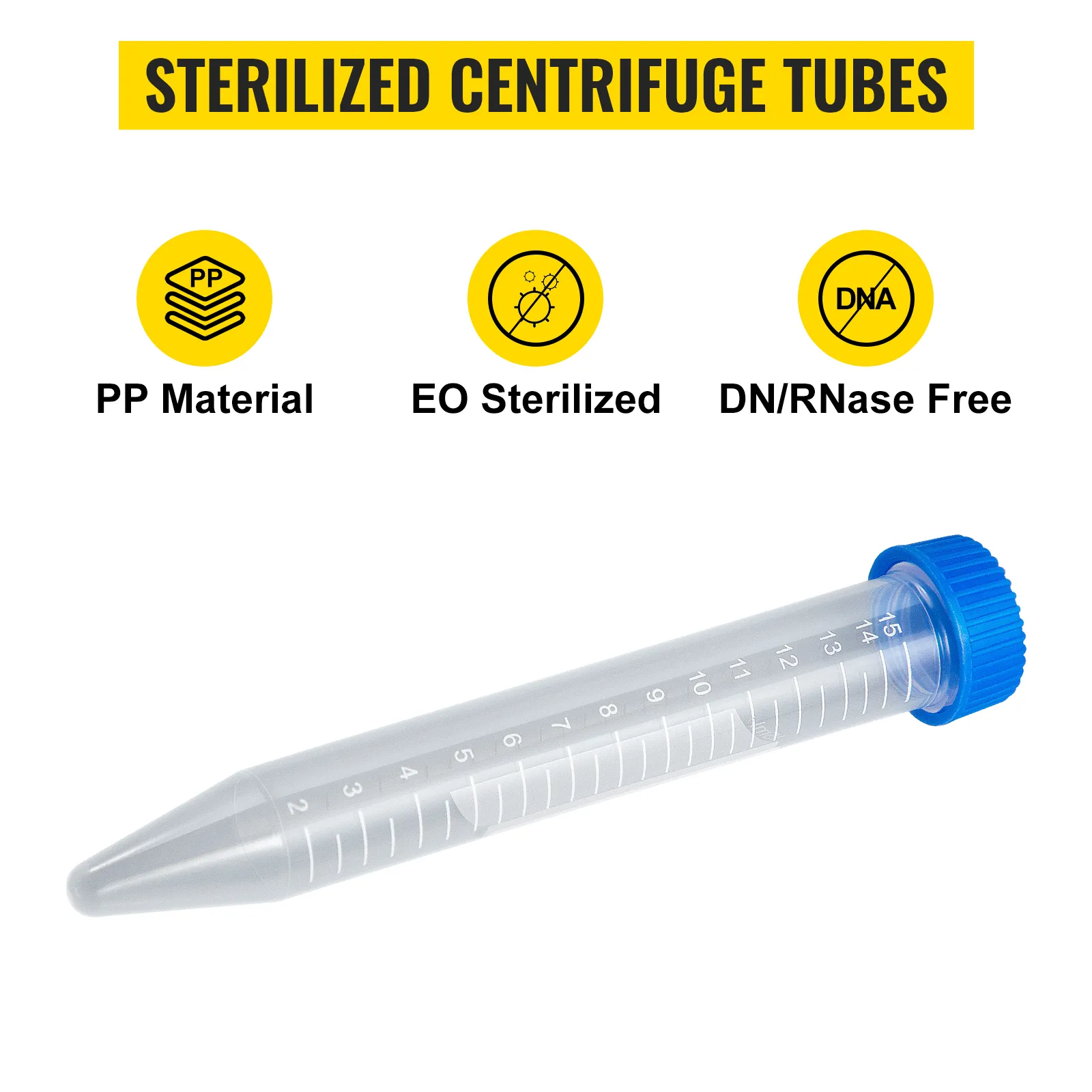 sterilized centrifuge tube with blue cap, pp material, eo sterilized, dn/rnase free. VEVOR centrifuge tubes.