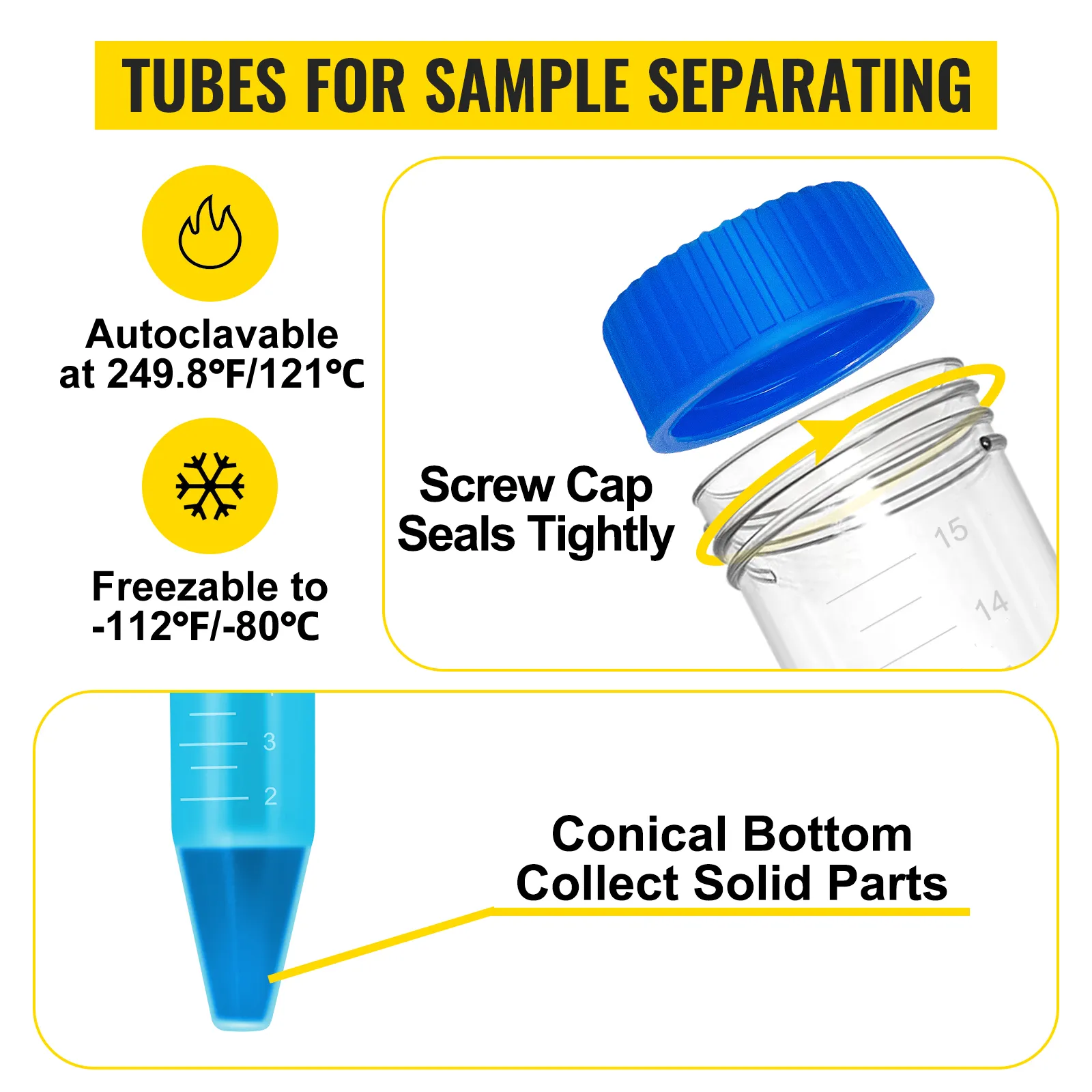 VEVOR centrifuge tubes with tight-sealing screw cap, conical bottom, autoclaving, and freezing capabilities.