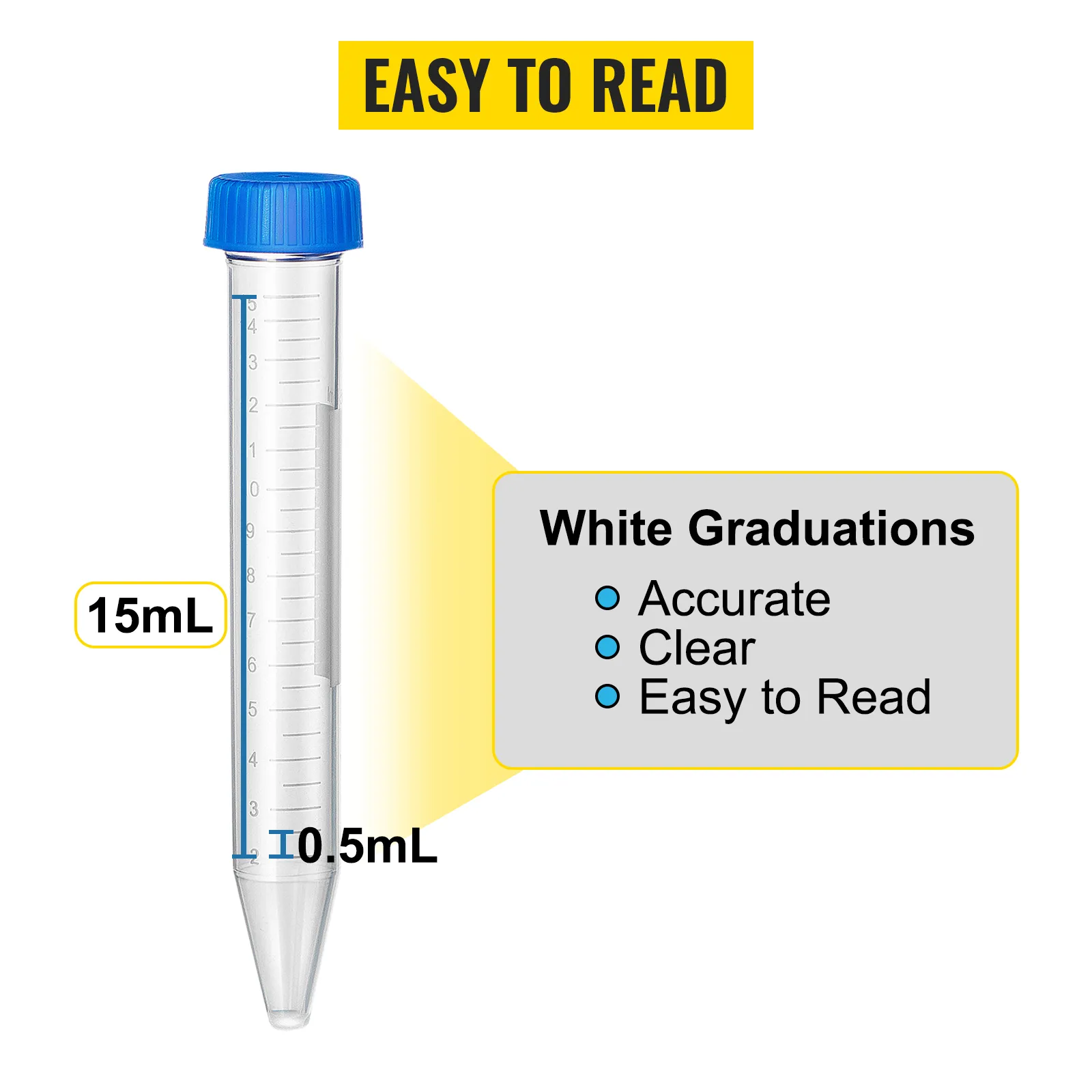 VEVOR centrifuge tubes with blue cap and easy-to-read white graduations for accurate measurements.