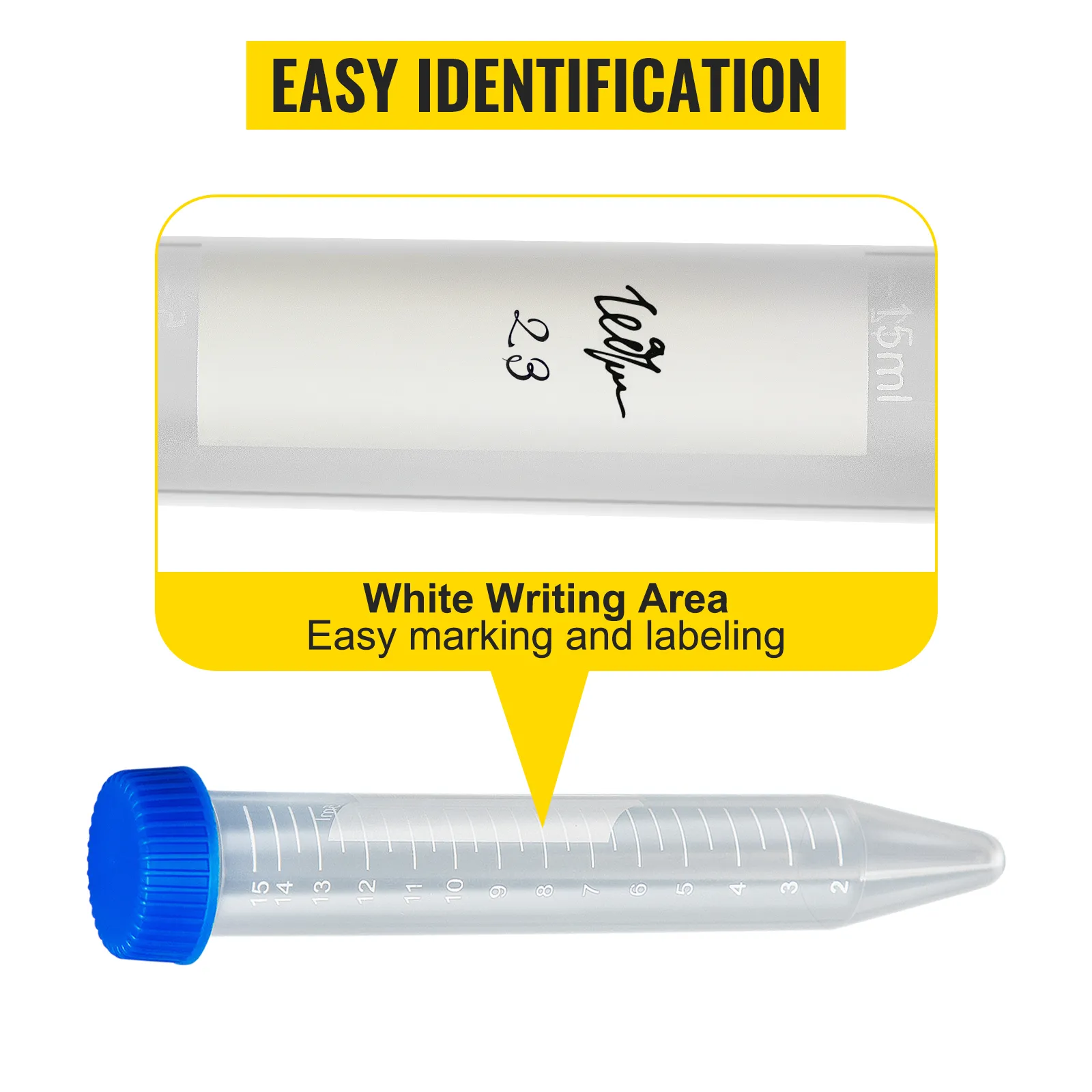 VEVOR centrifuge tubes with blue cap, 15ml volume, and white writing area for easy labeling.