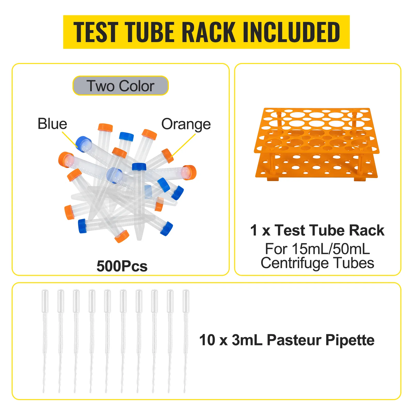 VEVOR centrifuge tubes in blue and orange caps, test tube rack, and 10 pasteur pipettes included.