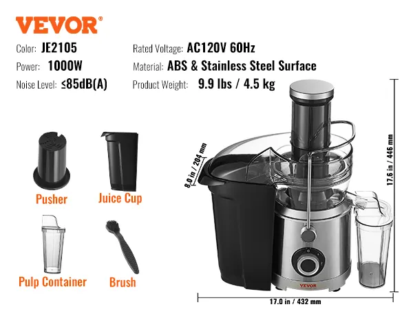 VEVOR juicer machine, ac120v, 1000w, abs & stainless steel, includes pusher, juice cup, pulp container, brush.