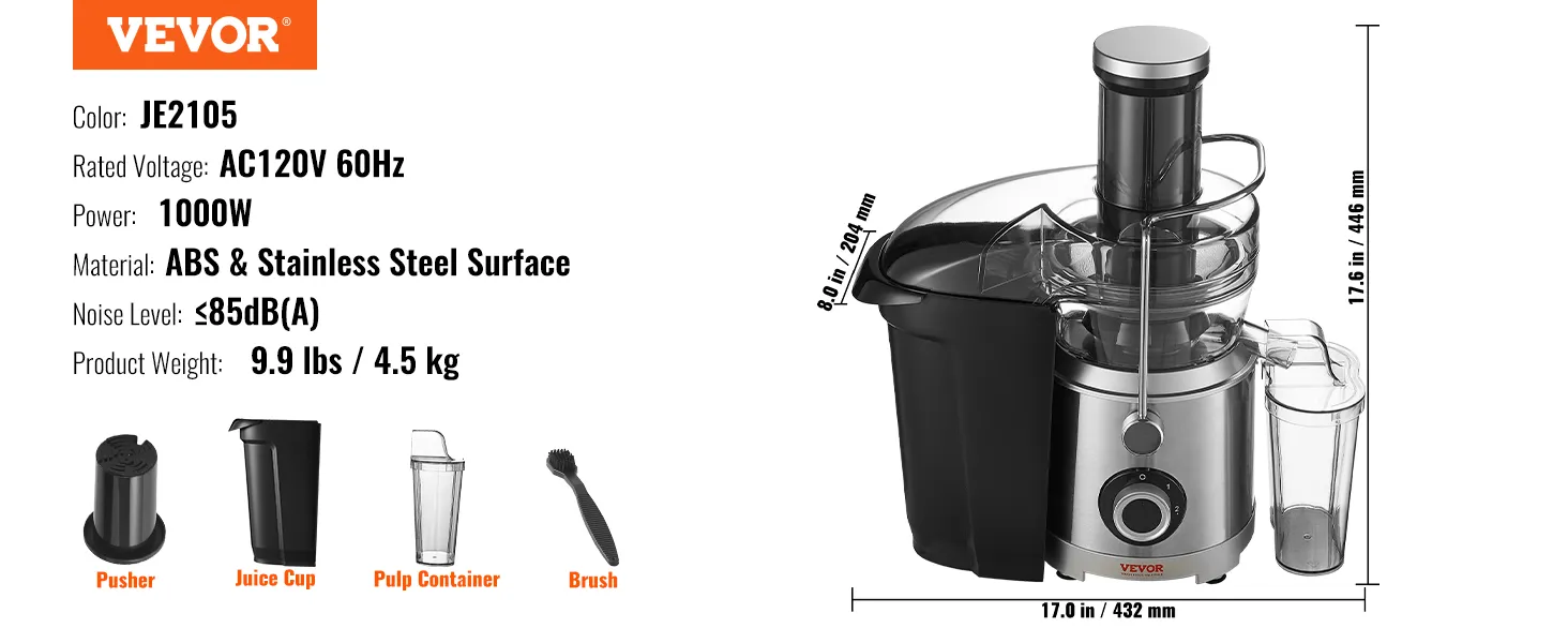 VEVOR juicer machine, ac120v, 1000w, abs & stainless steel, includes pusher, juice cup, pulp container, brush.