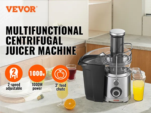 VEVOR multifunctional centrifugal juicer machine with 2-speed, 1000w, and 3" feed chute.