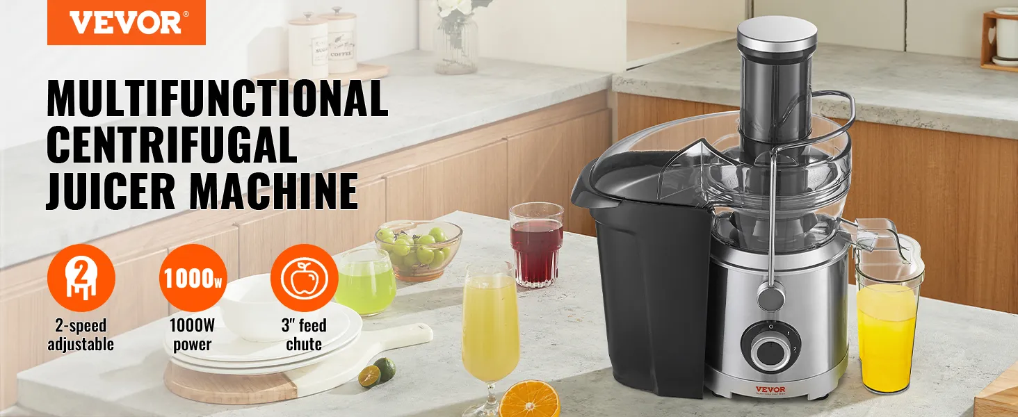 VEVOR multifunctional centrifugal juicer machine with 2-speed, 1000w, and 3" feed chute.
