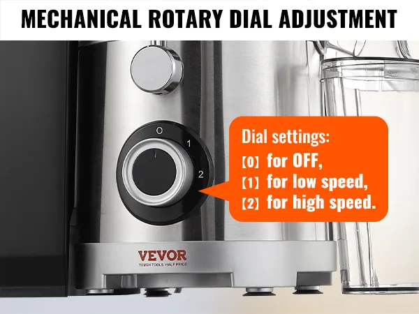 VEVOR juicer machine with mechanical rotary dial for speed adjustments and clear settings display.