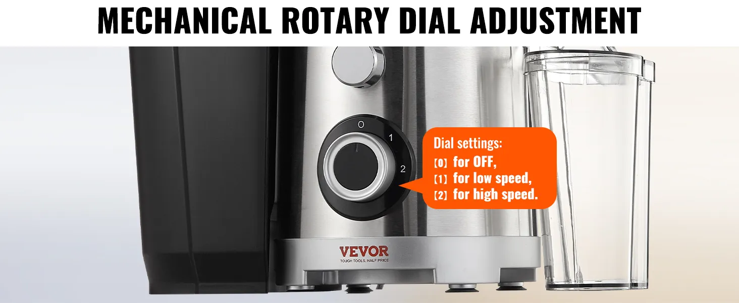 VEVOR juicer machine with mechanical rotary dial for speed adjustments and clear settings display.