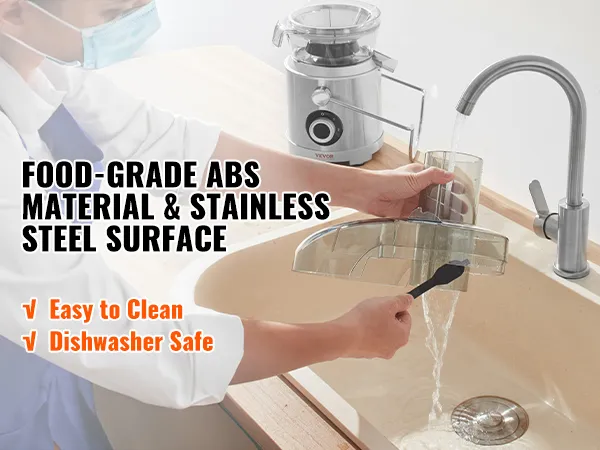 cleaning the VEVOR juicer machine; food-grade abs, stainless steel, easy to clean, and dishwasher safe.