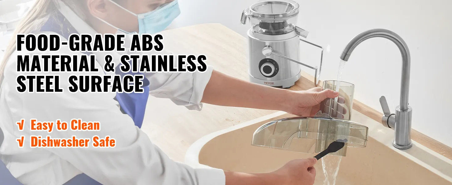 cleaning the VEVOR juicer machine; food-grade abs, stainless steel, easy to clean, and dishwasher safe.
