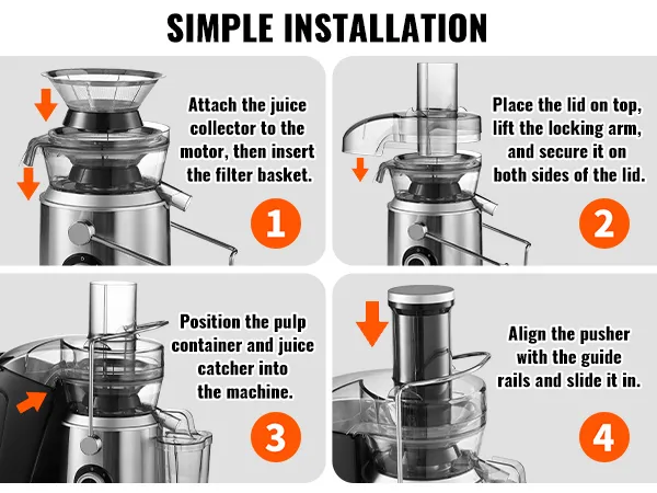 simple installation of the VEVOR juicer machine with steps for attaching, positioning, and securing parts.