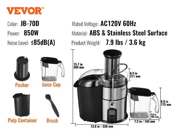 VEVOR juicer machine jb-70d, 850w, stainless steel surface, with pulp container, juice cup, and brush.