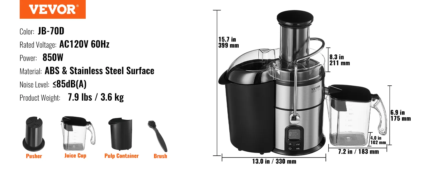VEVOR juicer machine jb-70d, 850w, stainless steel surface, with pulp container, juice cup, and brush.