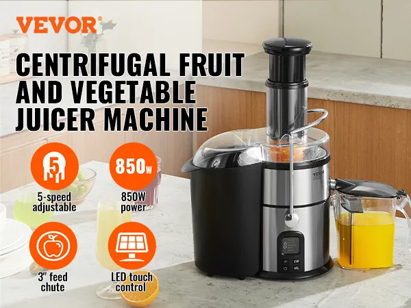 VEVOR juicer machine in kitchen with fresh juice, led touch control, 850w power, 5-speed settings.