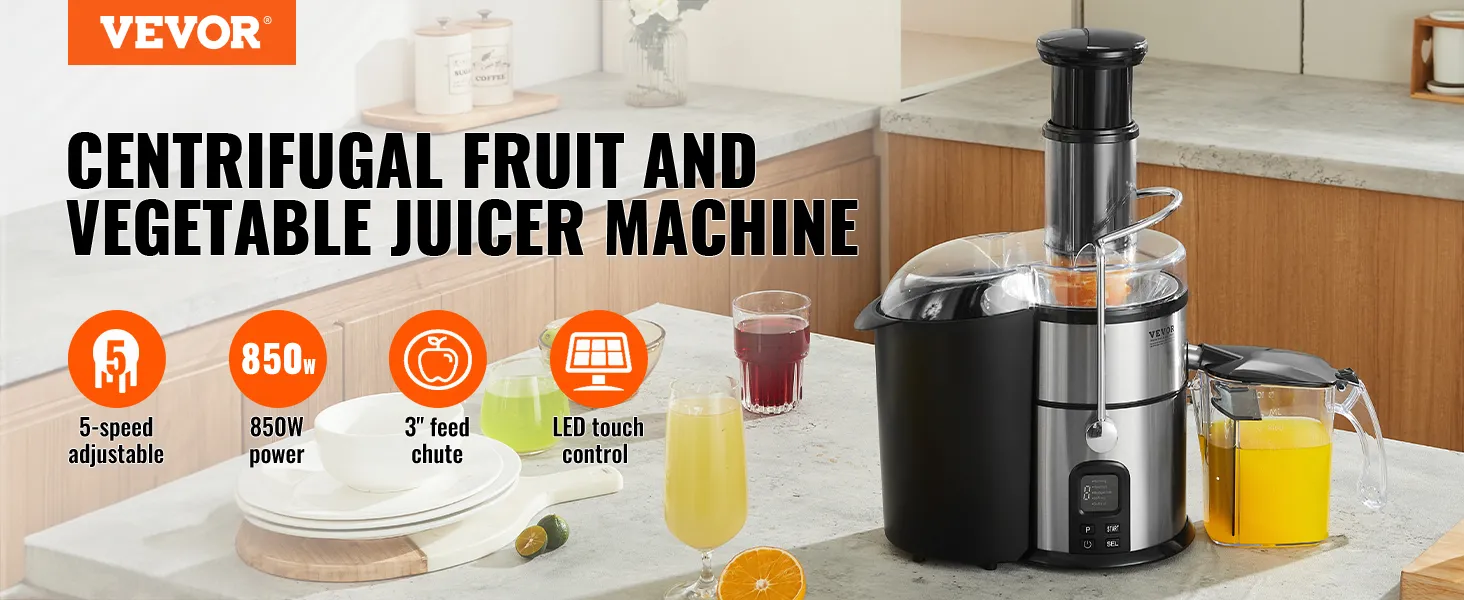 VEVOR juicer machine in kitchen with fresh juice, led touch control, 850w power, 5-speed settings.
