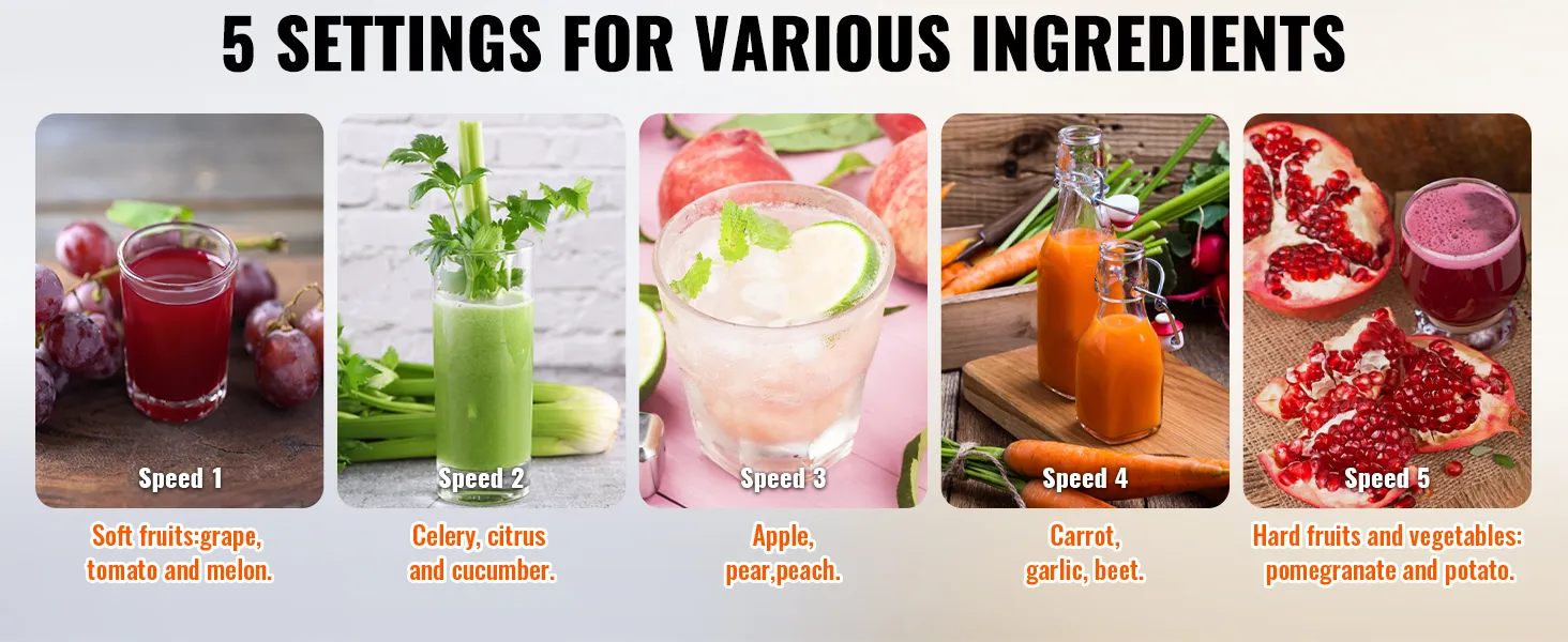 VEVOR juicer machine showcases 5 speed settings for fruits and vegetables like grapes, celery, and pomegranate.